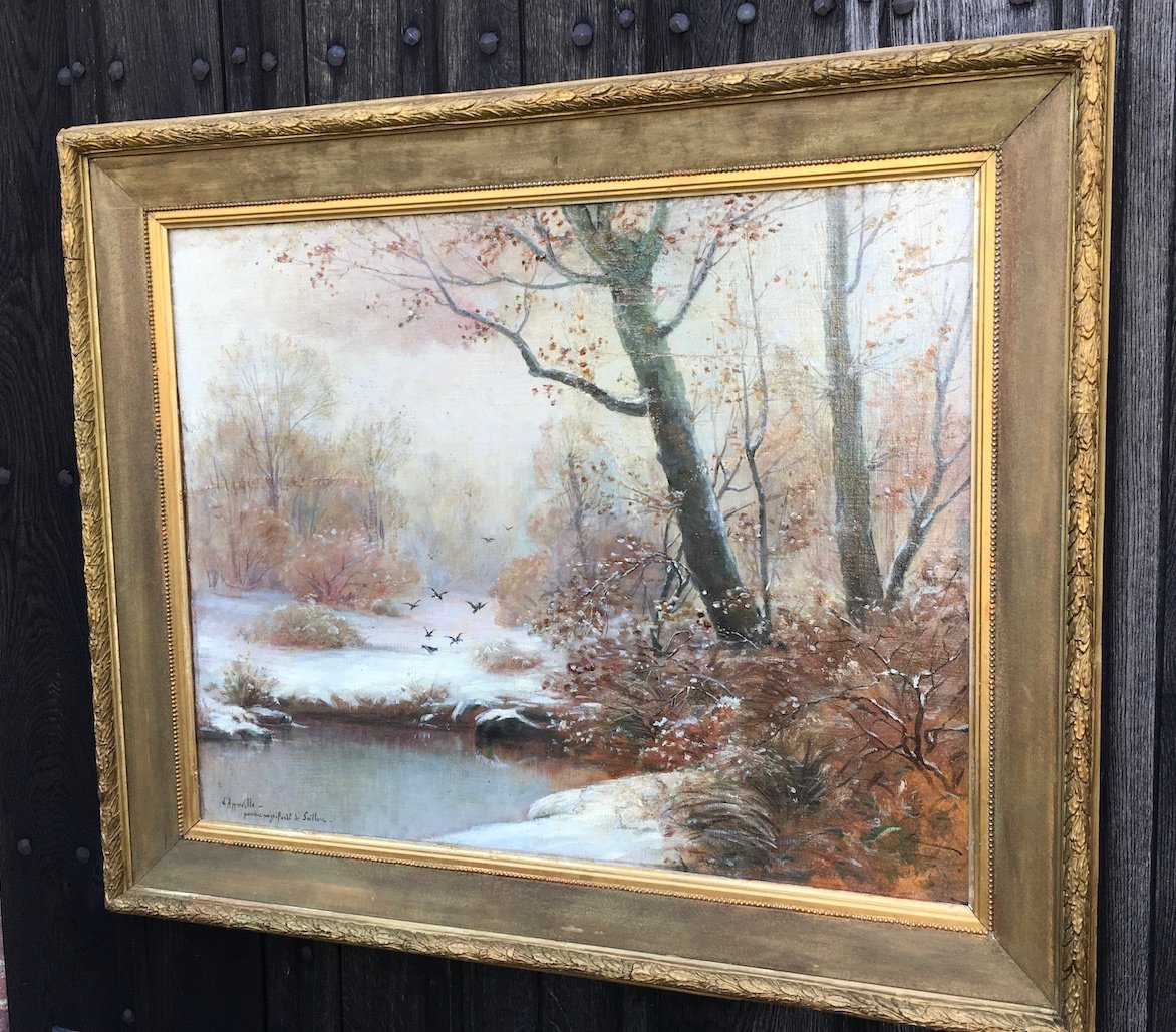 Oil On Canvas, "snowy Landscape In Bresse," Dated And Signed. France, Late 19th–early 20th Century -photo-3