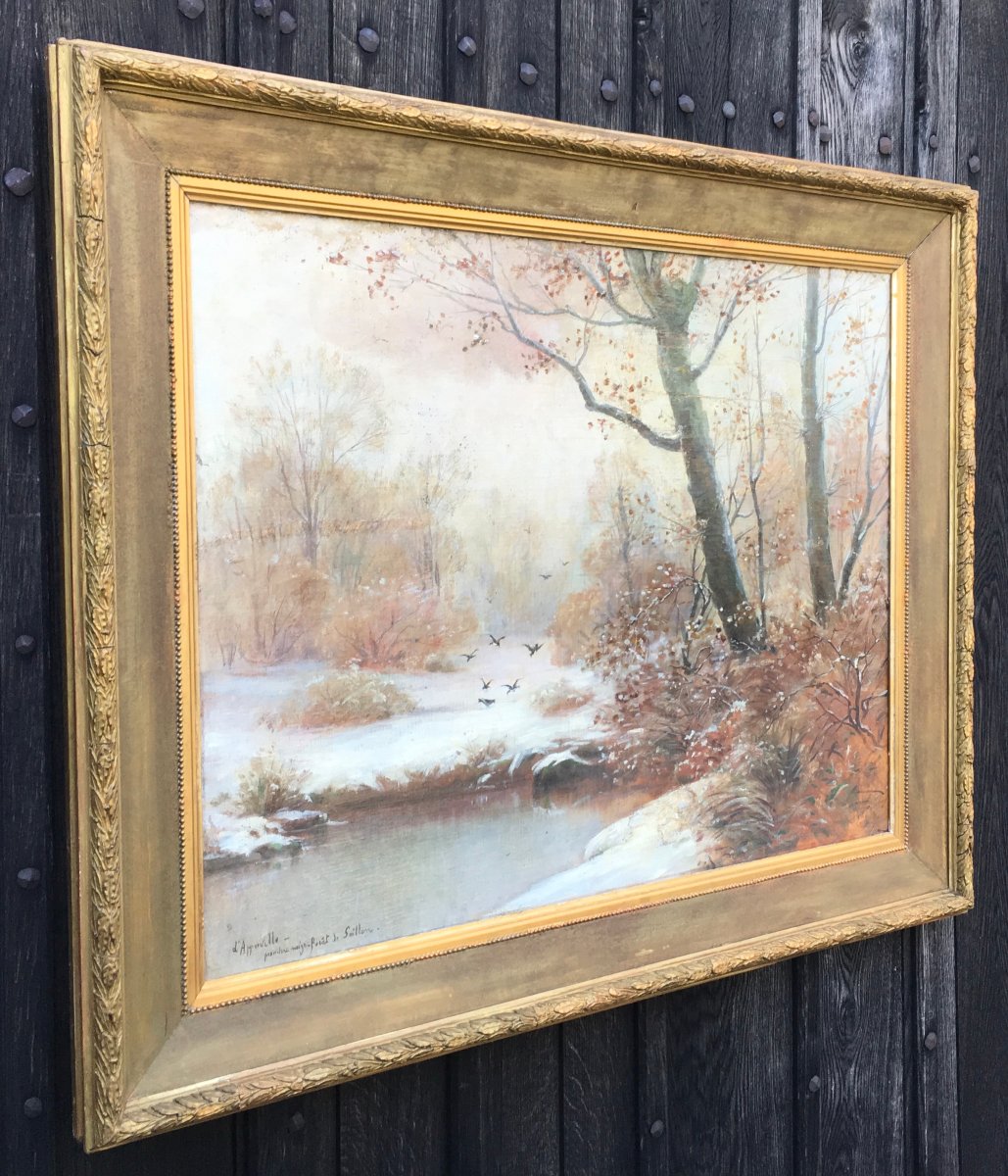 Oil On Canvas, "snowy Landscape In Bresse," Dated And Signed. France, Late 19th–early 20th Century -photo-4