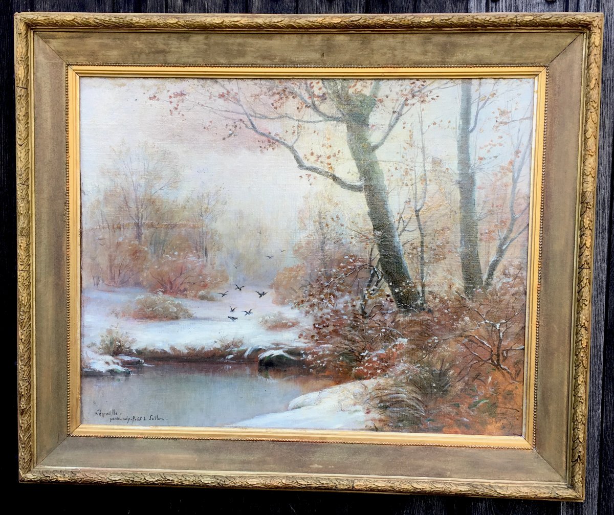 Oil On Canvas, "snowy Landscape In Bresse," Dated And Signed. France, Late 19th–early 20th Century 