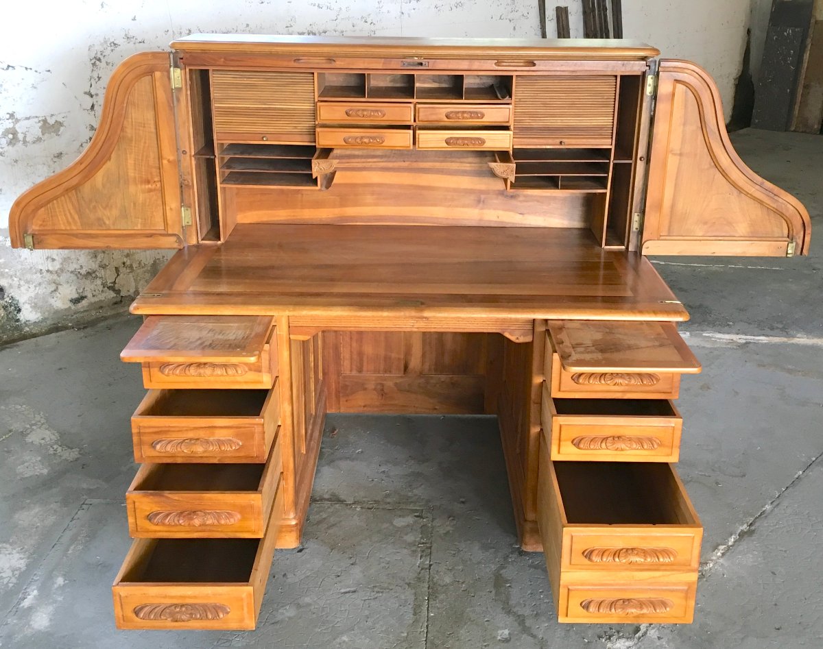 Important "american-style" Walnut Roll-top Desk. Pichon, Lyon, Early 20th Century -photo-3