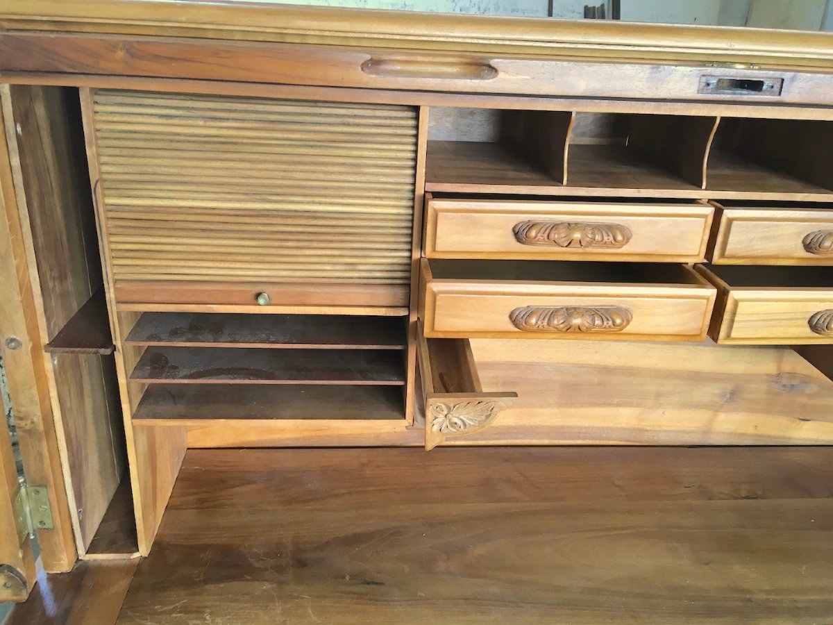 Important "american-style" Walnut Roll-top Desk. Pichon, Lyon, Early 20th Century -photo-4