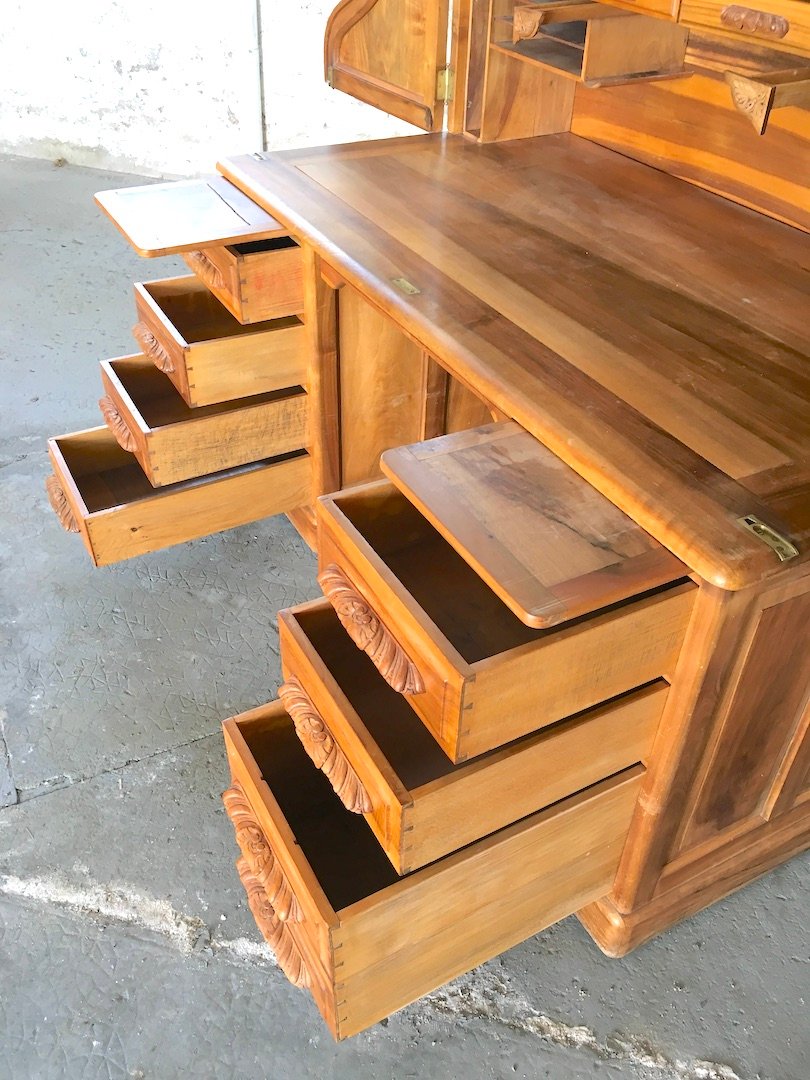 Important "american-style" Walnut Roll-top Desk. Pichon, Lyon, Early 20th Century -photo-6