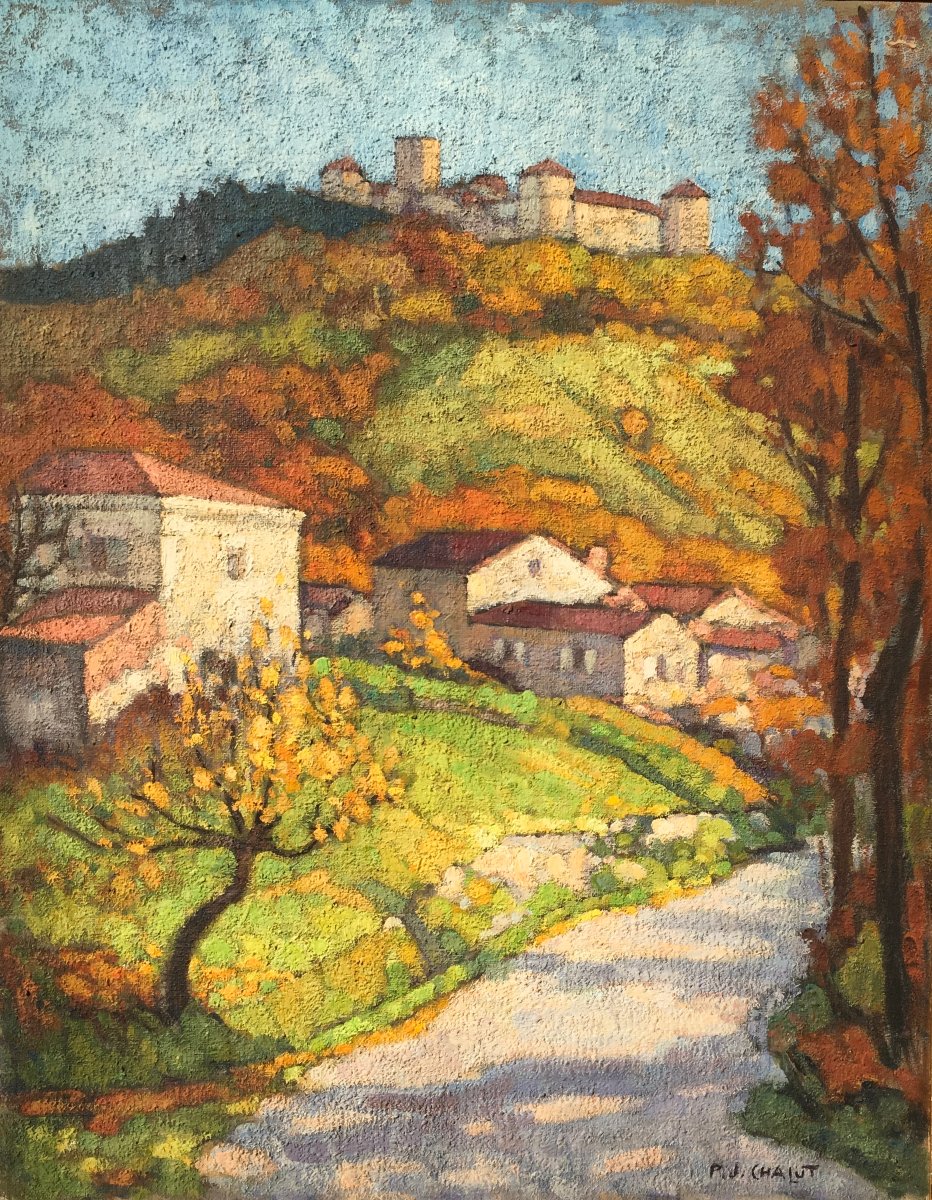 Huile sur toile vue du Château de Ravel par P.J. Chalut. Auvergne milieu XXe siècle. -photo-2