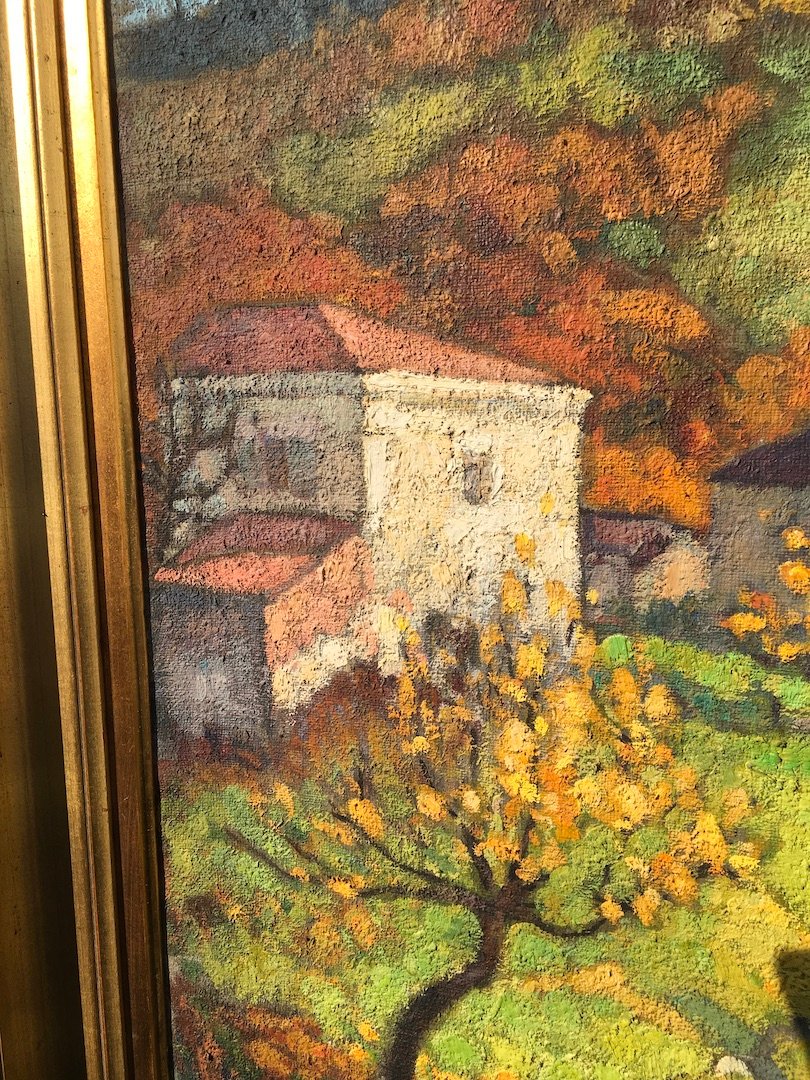 Huile sur toile vue du Château de Ravel par P.J. Chalut. Auvergne milieu XXe siècle. -photo-3