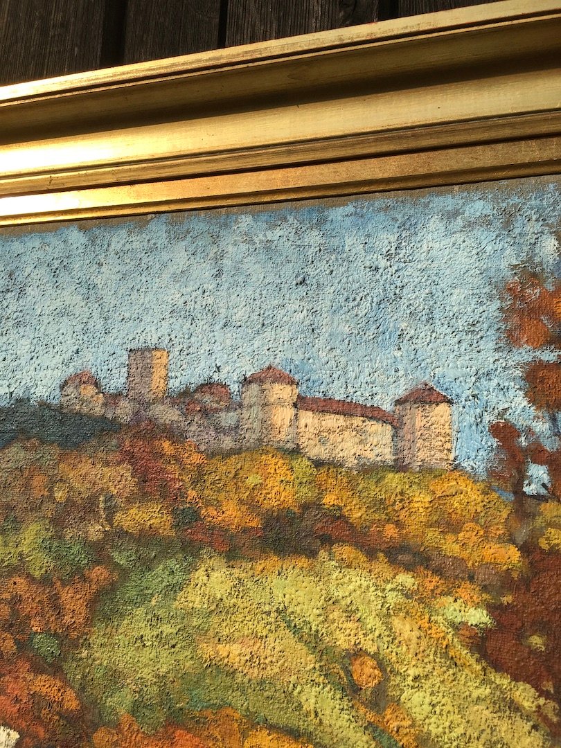 Huile sur toile vue du Château de Ravel par P.J. Chalut. Auvergne milieu XXe siècle. -photo-1