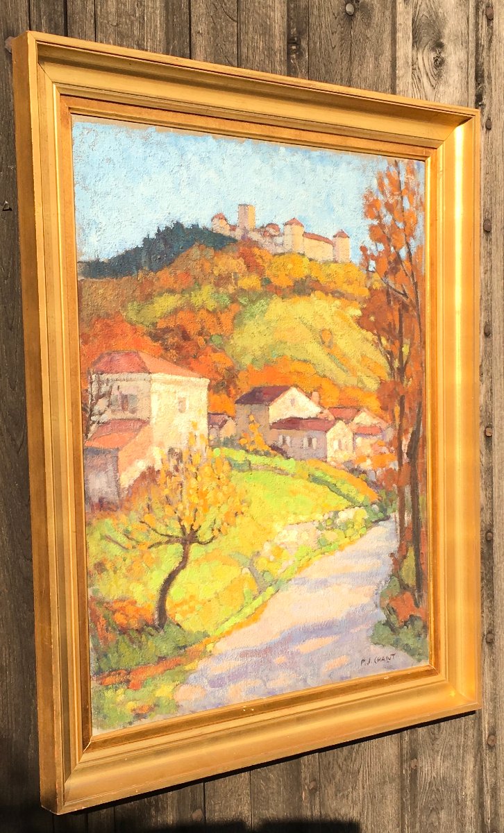 Huile sur toile vue du Château de Ravel par P.J. Chalut. Auvergne milieu XXe siècle. -photo-6