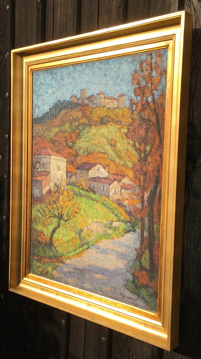 Huile sur toile vue du Château de Ravel par P.J. Chalut. Auvergne milieu XXe siècle. -photo-7