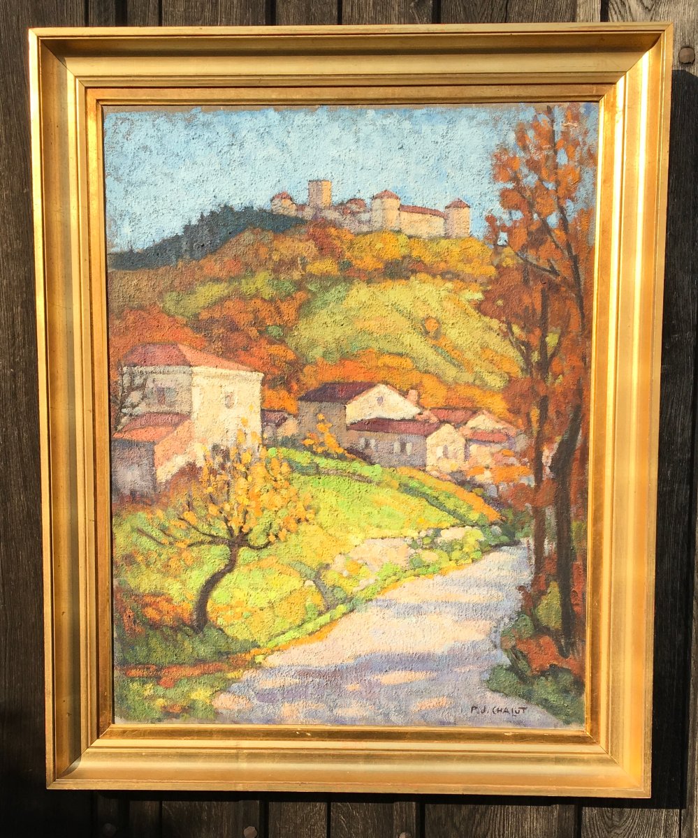 Huile sur toile vue du Château de Ravel par P.J. Chalut. Auvergne milieu XXe siècle. 