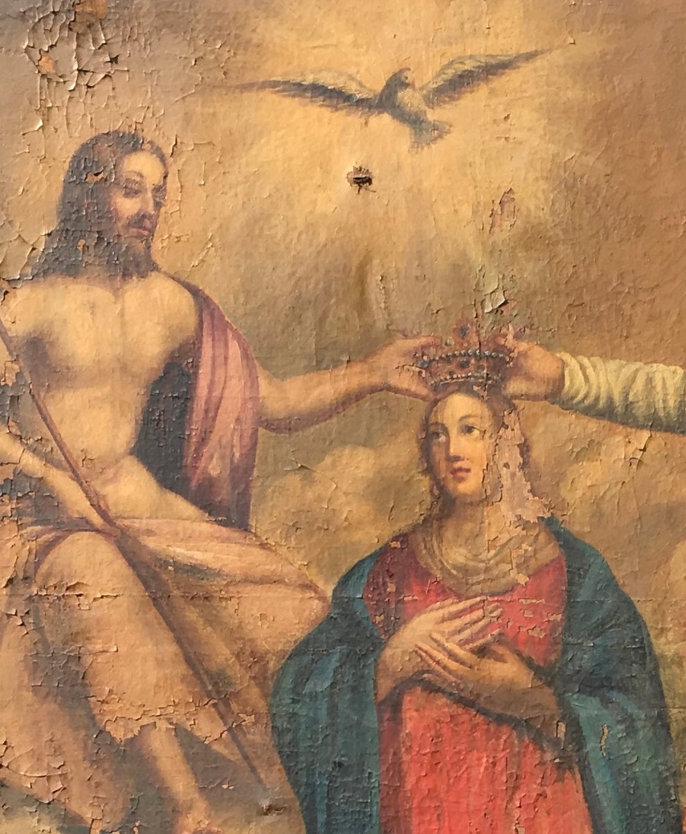 Large Oil On Canvas, "the Coronation Of The Virgin By The Holy Trinity." France, Early 19th Century. -photo-2