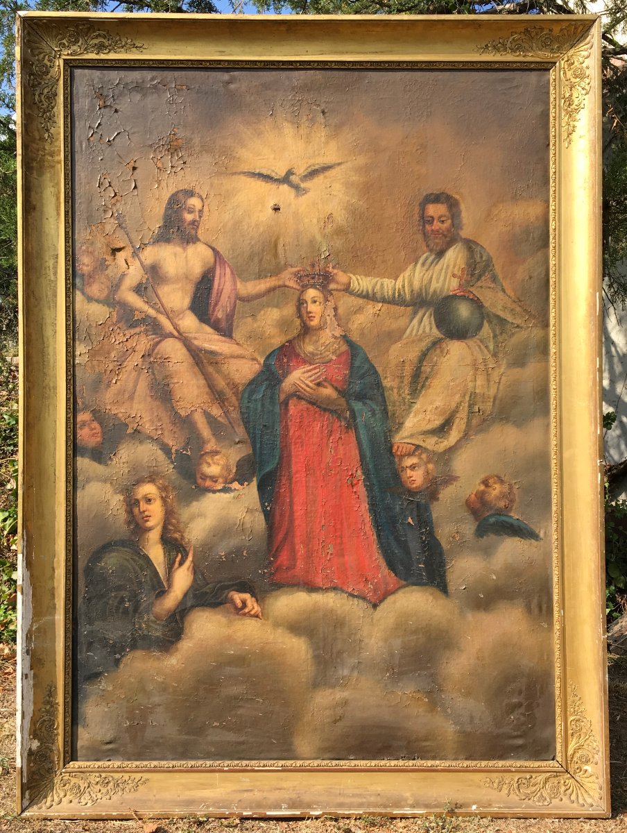 Large Oil On Canvas, "the Coronation Of The Virgin By The Holy Trinity." France, Early 19th Century. 