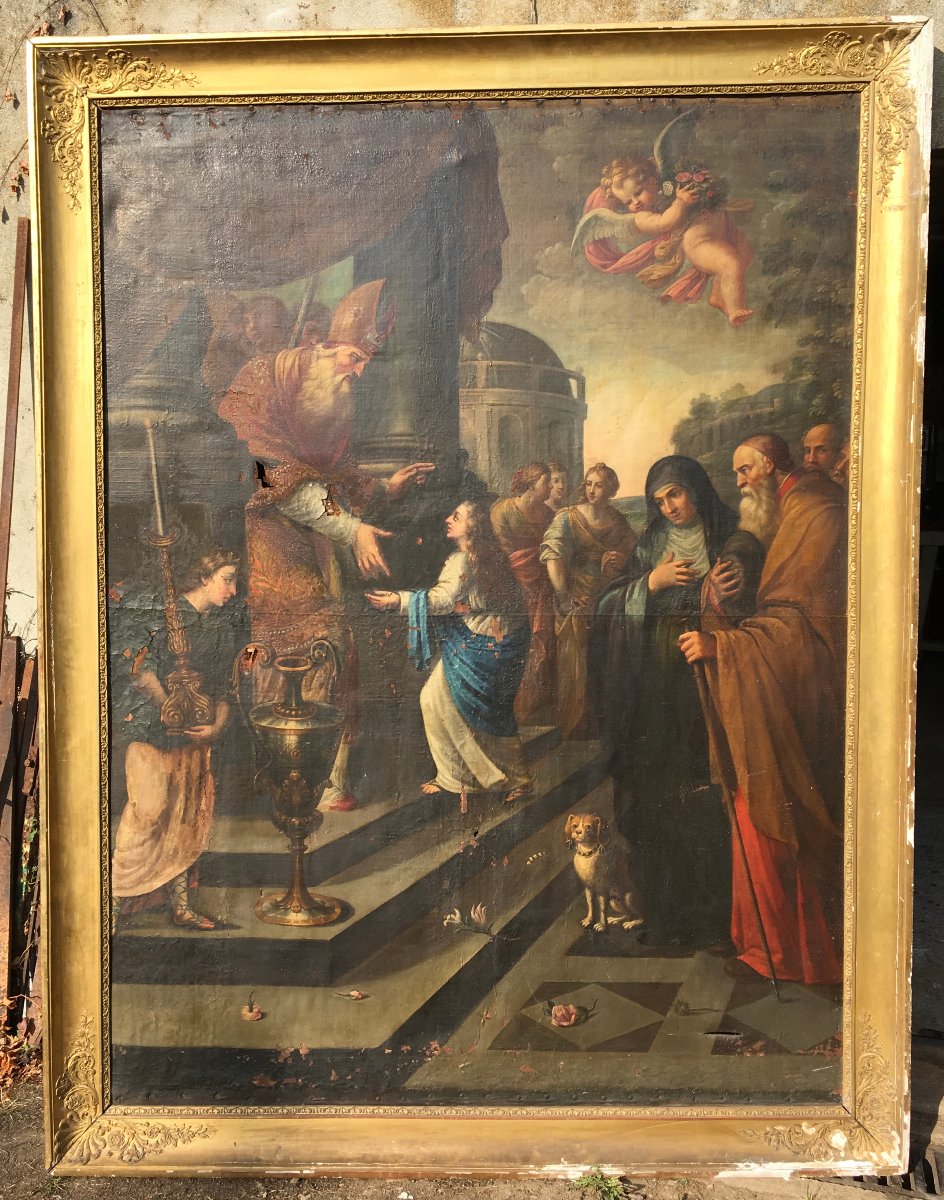 Large Oil On Canvas, "the Presentation Of The Virgin In The Temple." France, Early 17th Century