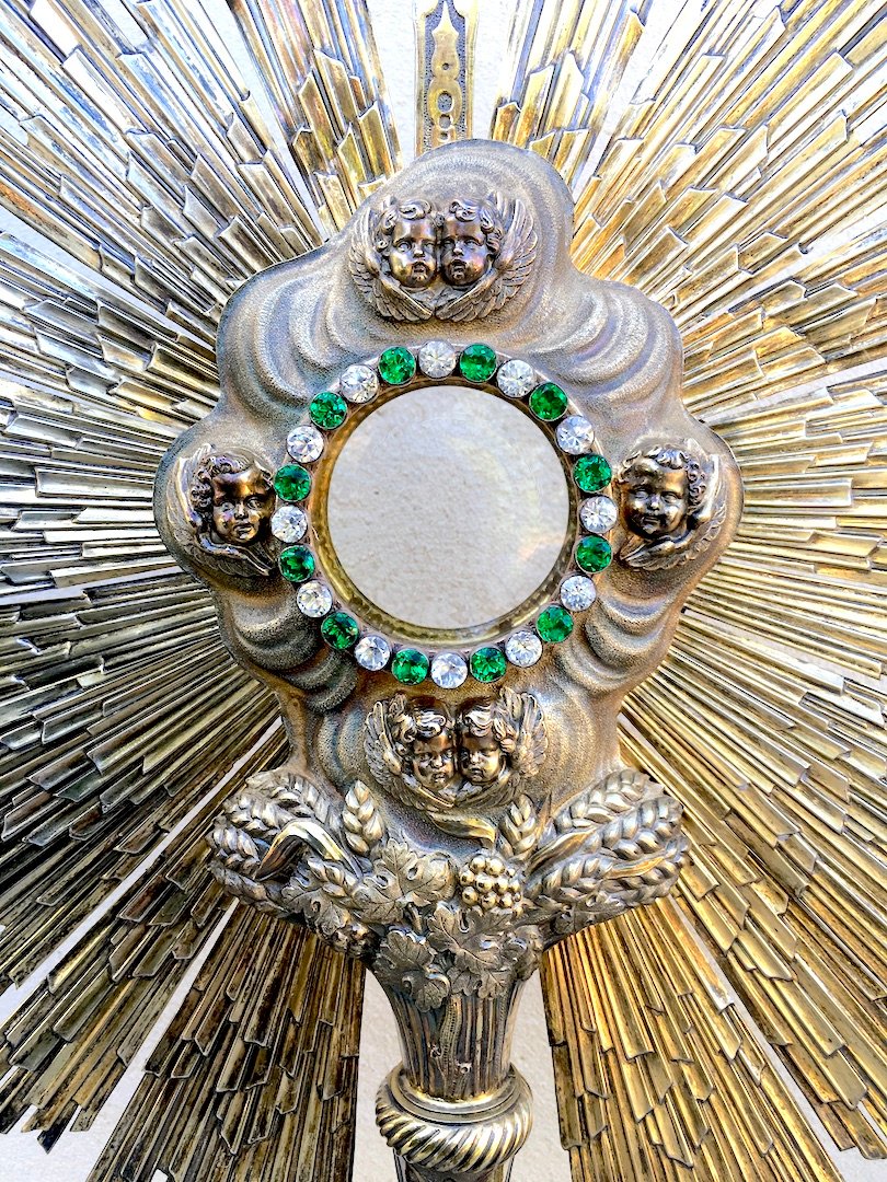 Grand ostensoir en soleil rayonnant. Argent et vermeil. France milieu XIXe siècle.-photo-3