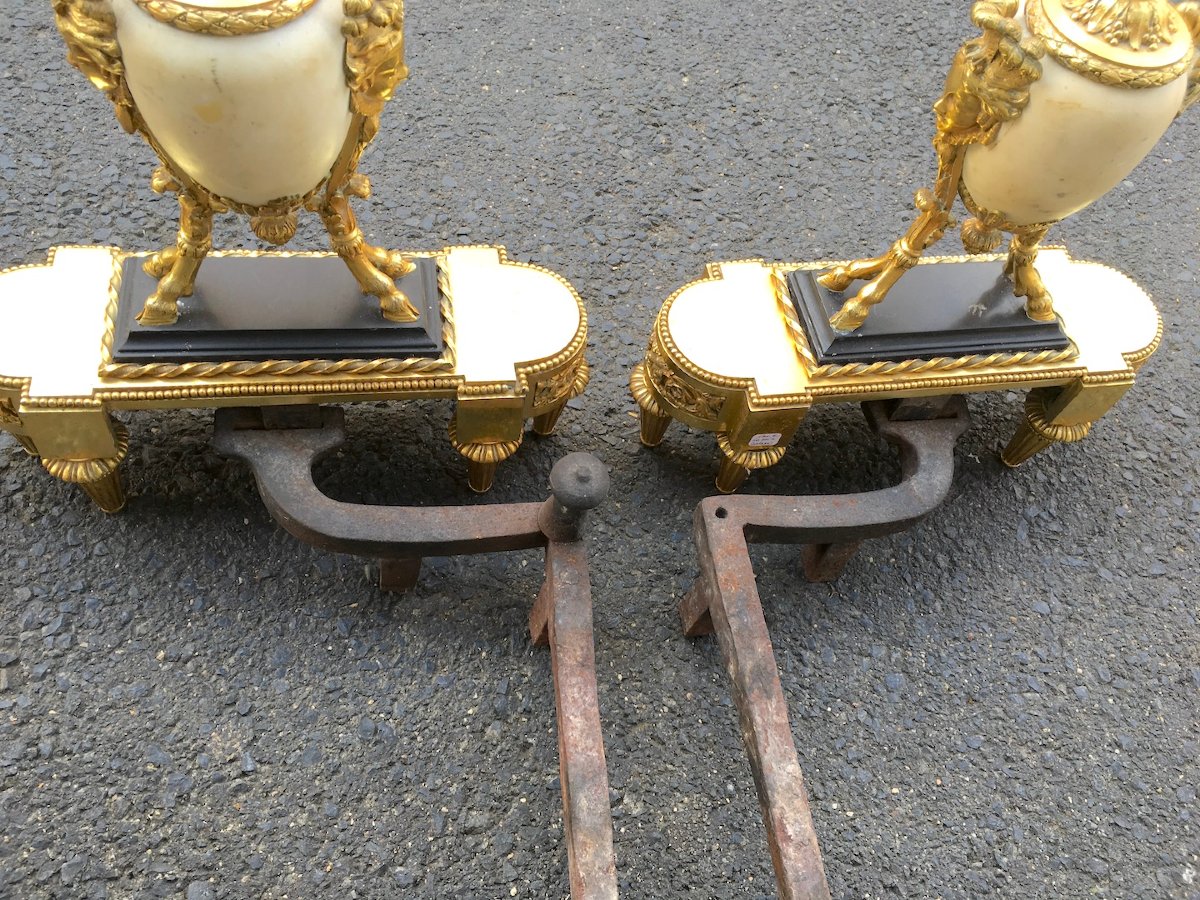Paire de chenets marbre et bronze doré style Louis XVI époque Napoléon III. France XIXe siècle.-photo-5