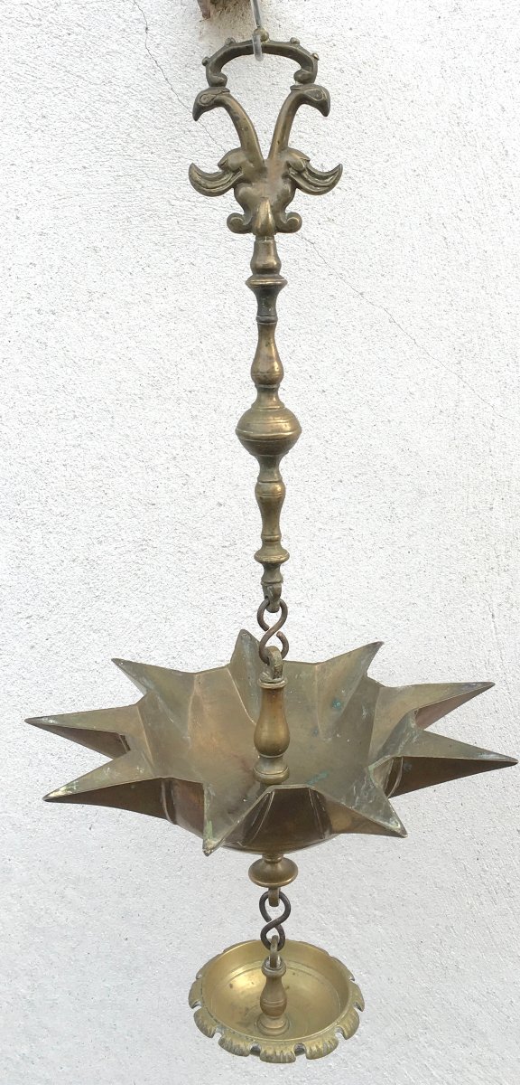 Lampe de Chabbat Jundenstern en bronze à neuf becs pour Hanoucca. Europe XIXe siècle-photo-1