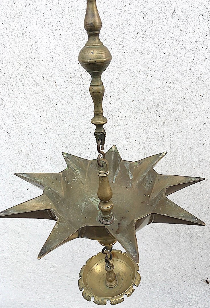 Lampe de Chabbat Jundenstern en bronze à neuf becs pour Hanoucca. Europe XIXe siècle-photo-3