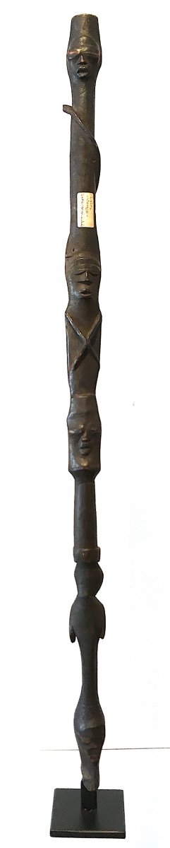 Carved Pipe Stem With Heads, Figures And Snake. Pende Or Wongo People. Rdc Mid 20th Century.-photo-1
