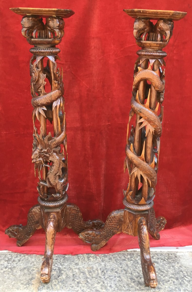 Pair Of Sellettes Carved Wood, Decor Dragon. Indochina Vietnam Early 20th Century.-photo-5