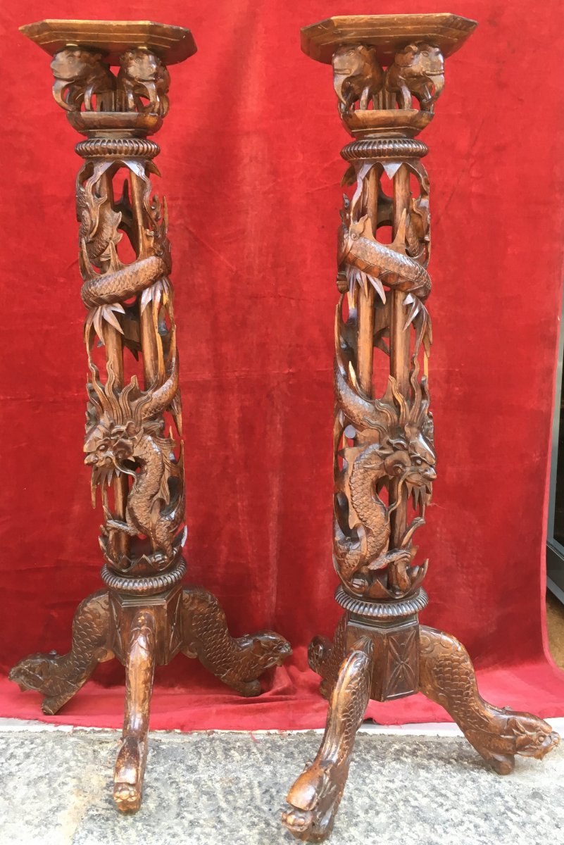 Pair Of Sellettes Carved Wood, Decor Dragon. Indochina Vietnam Early 20th Century.