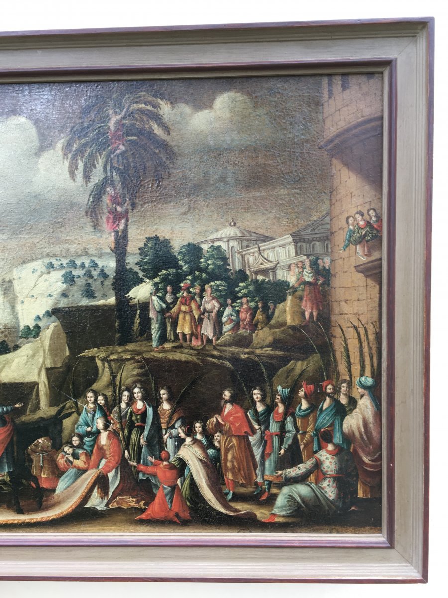 Oil On Canvas, Biblical Scene. Christ Entrance To Jerusalem, Palmesel. 17th Century.-photo-2