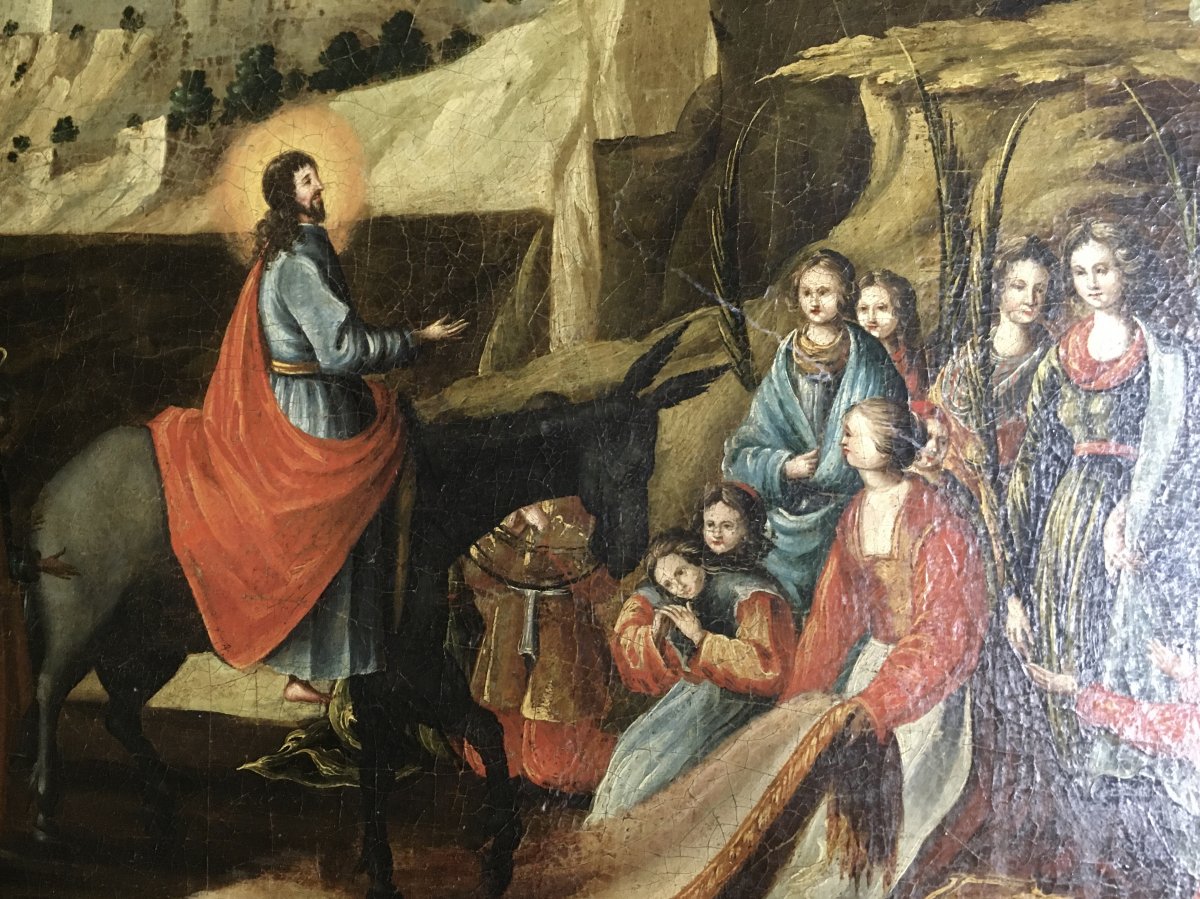 Huile Sur Toile, Scène Biblique. Entrée Du Christ à Jérusalem, Palmesel.  XVIIe Siècle.  -photo-6