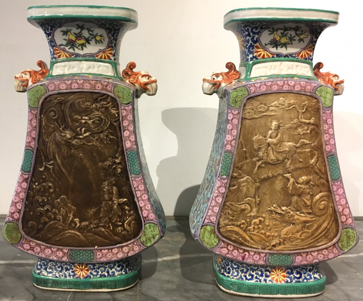 Paire De Vases En Porcelaine De Forme Quadrangulaire. Chine Début XIXe Siècle.  -photo-3
