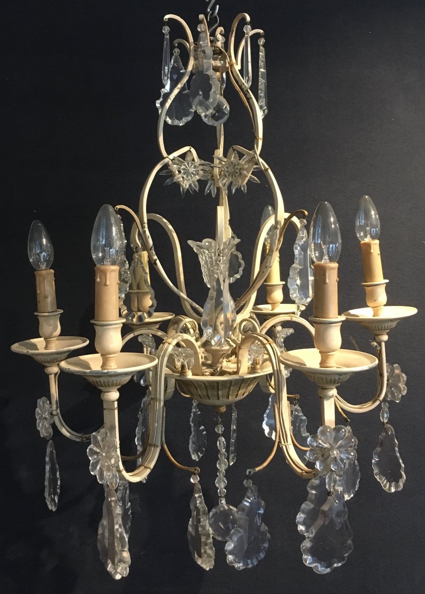 Chandelier With Glass Pendants And Lacquered Iron. France Vintage 1950s.-photo-4
