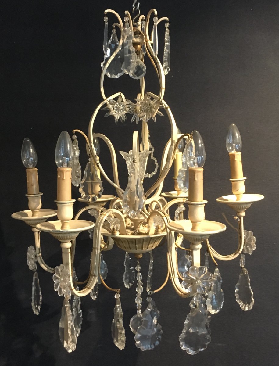 Chandelier With Glass Pendants And Lacquered Iron. France Vintage 1950s.