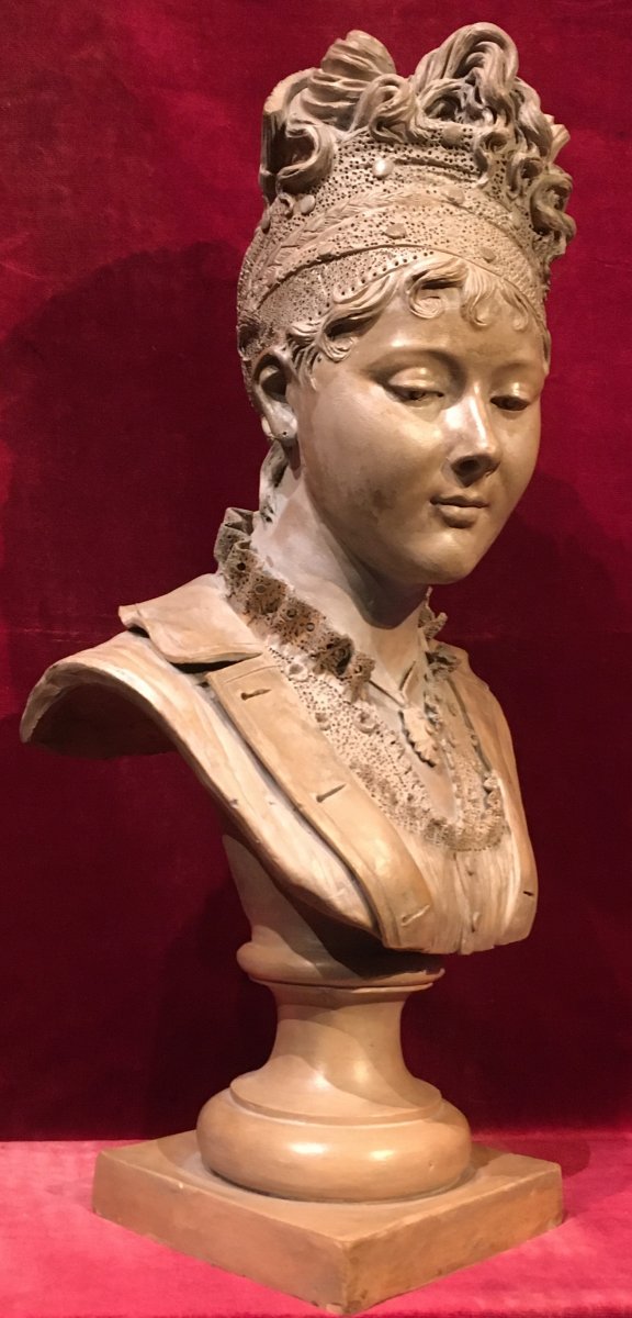 Buste de Juliette Récamier Sur Piédouche. Terre Cuite. Signé Joncery. Début  XIXe siècle. -photo-6