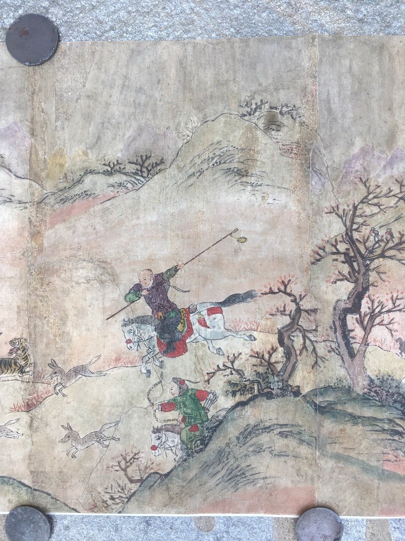 Peinture Sur Papier, Scène De Chasse dans les montagnes. Chine Dynastie Qing (1644-1912).-photo-3