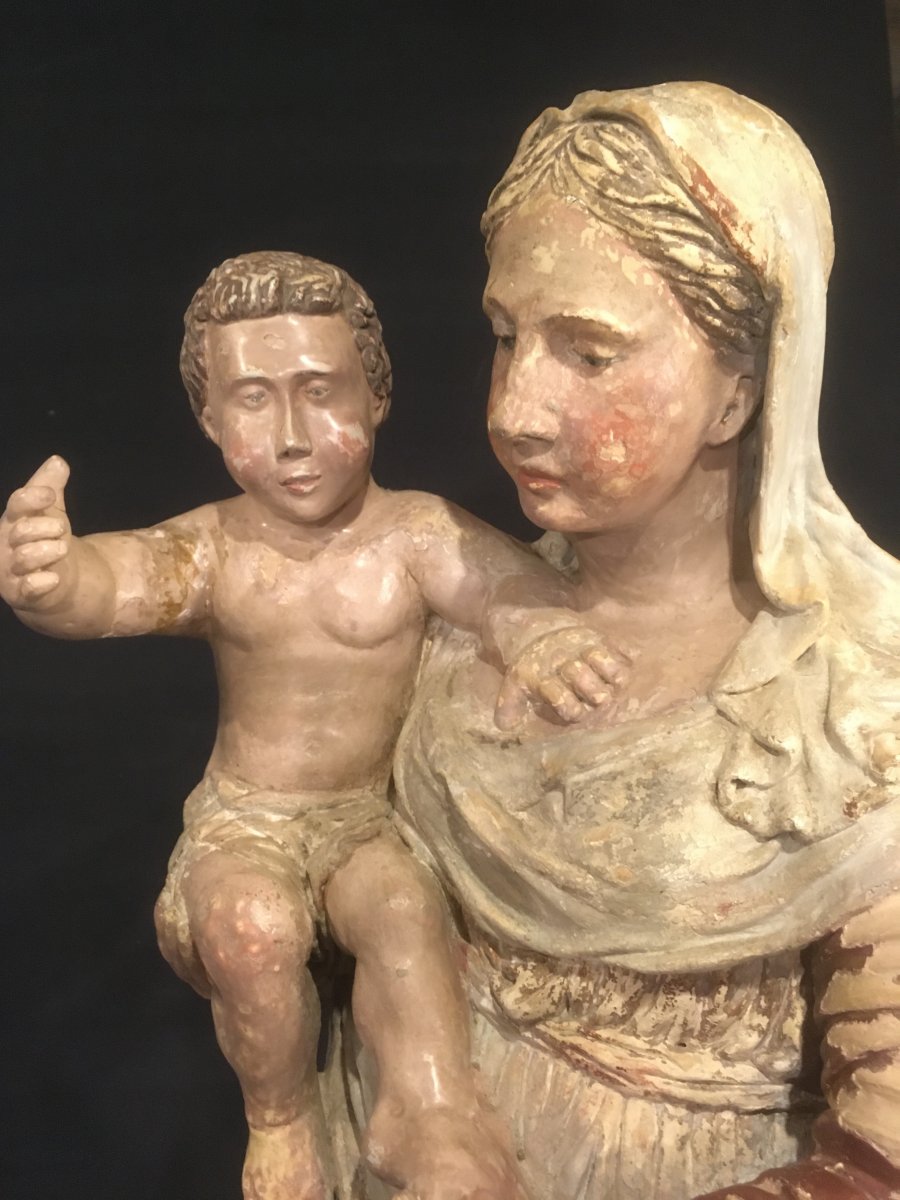 Madonna And Child, Polychrome Terracotta. Workshop Of The South Of France. Early 18th Century.-photo-2