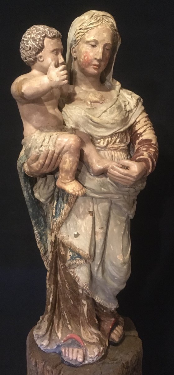 Madonna And Child, Polychrome Terracotta. Workshop Of The South Of France. Early 18th Century.