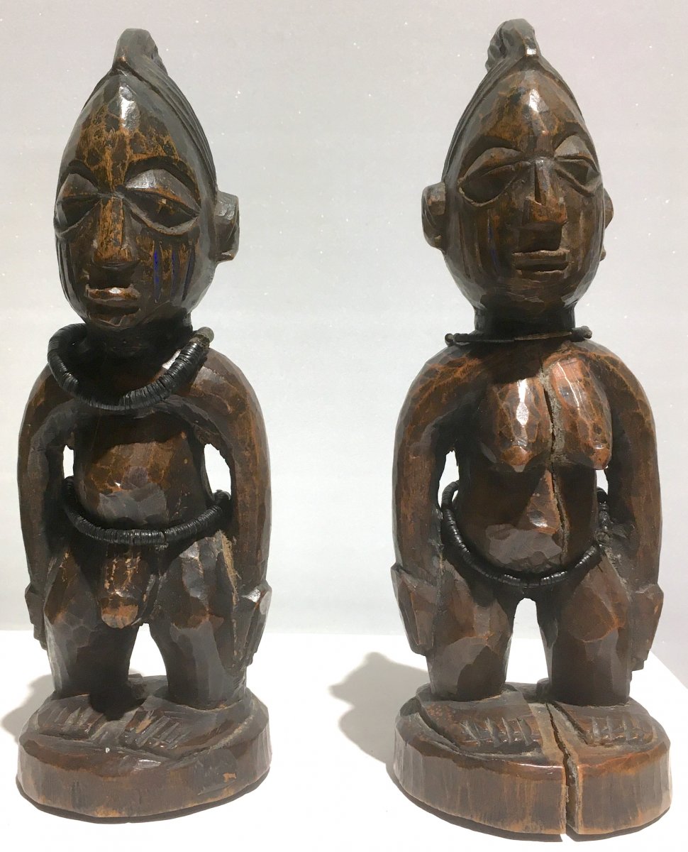 Couple De Statuettes Ibedji. Bois à Patine d'Usage. Yoruba, Nigéria Bénin. Milieu XXe Siècle.-photo-2