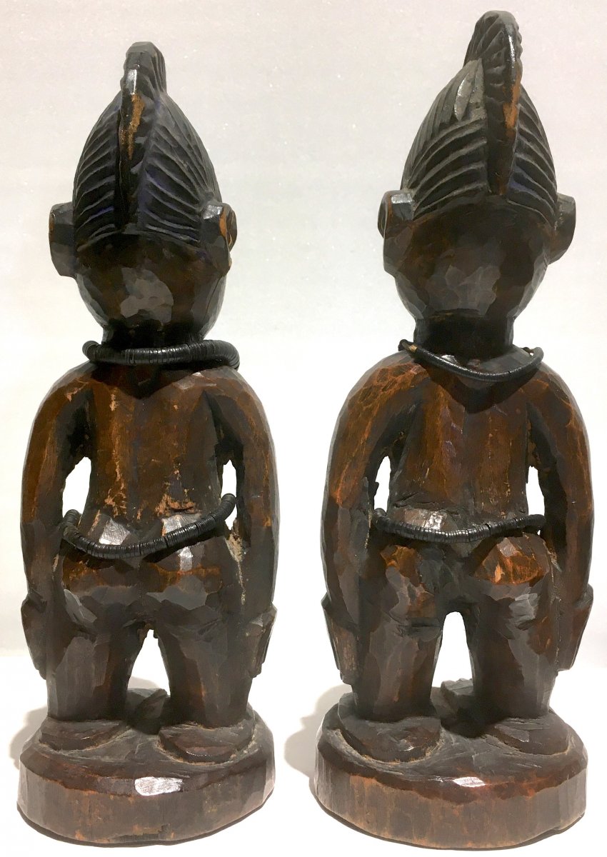 Couple De Statuettes Ibedji. Bois à Patine d'Usage. Yoruba, Nigéria Bénin. Milieu XXe Siècle.-photo-4