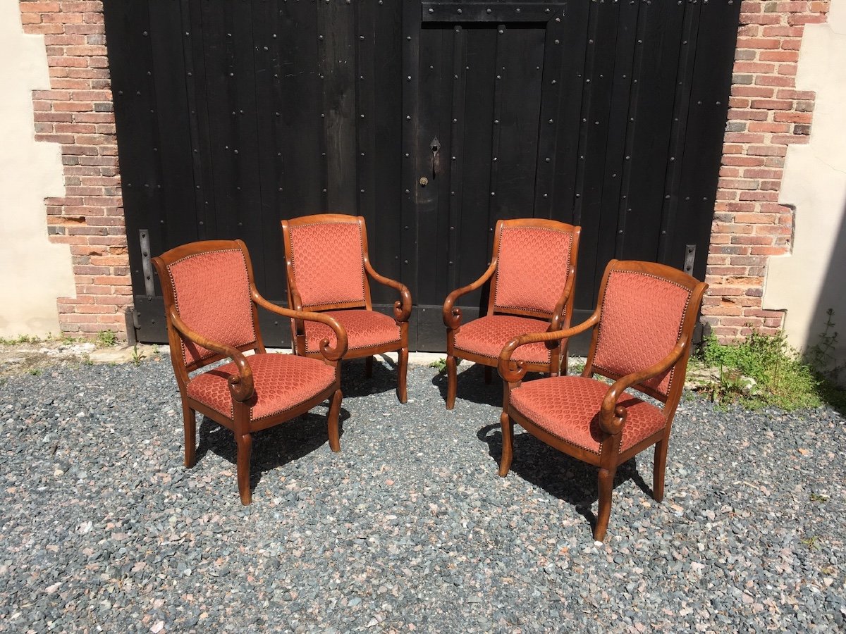 Set Of Four Armchairs In Walnut Restoration. France Early 19th Century.-photo-1