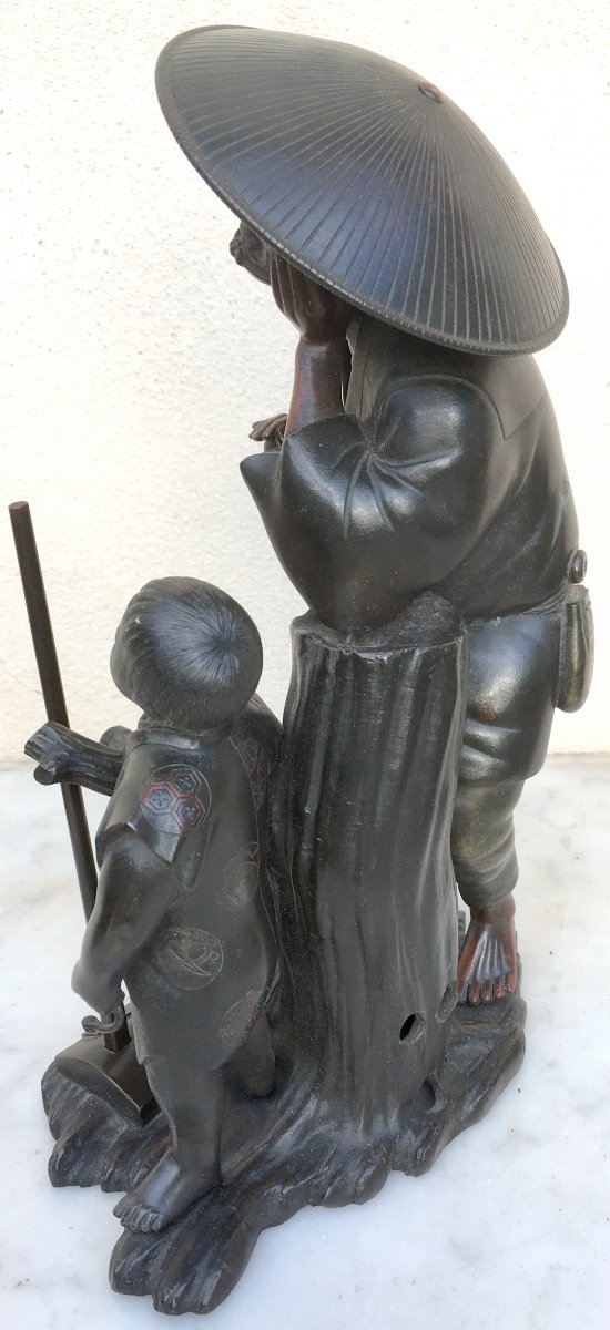 Bronze Asia Peasant And Child With Brown Patina. Indochina Or Japan 19th Century.-photo-3