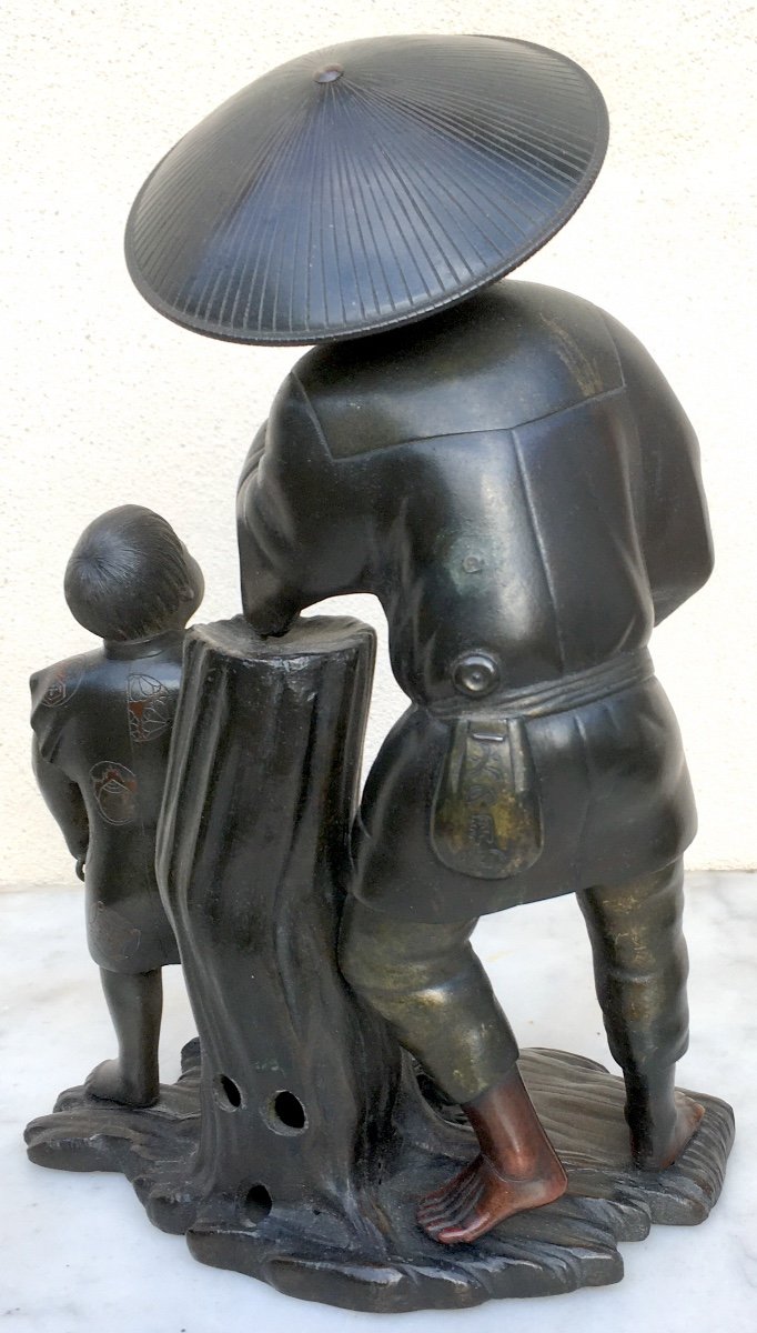 Bronze Asie Paysan Et Enfant à Patine Brune. Indochine Ou Japon XIXe Siècle. -photo-4