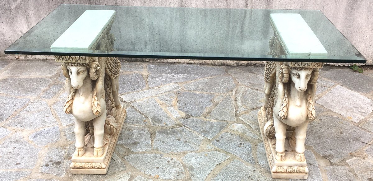 Table à piètement en marbre et dessus verre bisauté. Italie deuxième moitié du XXe siècle.-photo-8