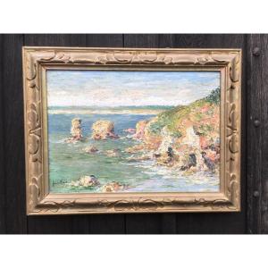 Huile sur toile. Paysage de mer en Bretagne de Gaston Biard. Milieu XXe siècle.