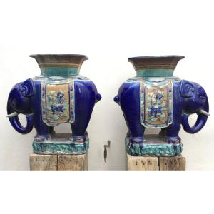 Paire De Tabouret éléphant Céramique Cai Mai Ou Biên Hoà. Vietnam Indochine XIXe - XXe Siècle