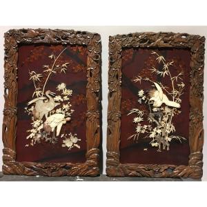 Pair Of Lacquered Panels, Mother-of-pearl Bone Inlays, Far East, Asia, China, Japan, 19th - 20th Century