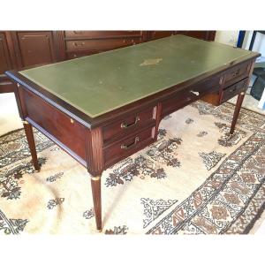 Flat Desk With Pull-out Drawers And Louis XVI Style Mahogany Armchair. France, Mid-20th Century.  