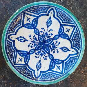 Polychrome Blue, Green And White Earthenware Couscous Dish. Meknes, Morocco, Late 19th Century.