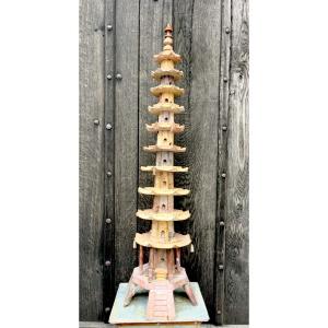 Tower-shaped Pagoda Or Temple In Mabre. China Or Southeast Asia 19th Century.