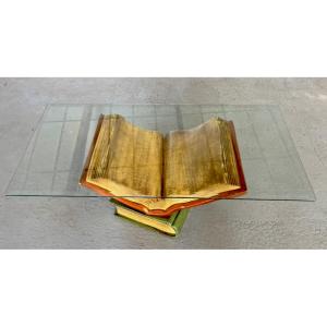 Coffee Table With Bizauté Glass Top, Book-shaped Ceramic Base. France, 20th Century.