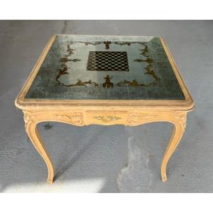 Vénicien-style Games Table In Lacquered Wood With Eglomised Glass Top. France, Mid-20th Century