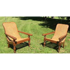Pair Of Colonial-style Teak Planter Armchairs. Double Caning. Late 19th - Early 20th Century.