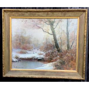 Huile sur toile "Paysage de neige en Bresse", situé et signé. France fin XIXe début XXe siècle 