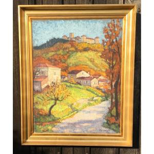 Huile sur toile vue du Château de Ravel par P.J. Chalut. Auvergne milieu XXe siècle.