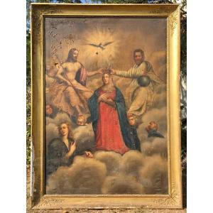 Large Oil On Canvas, "the Coronation Of The Virgin By The Holy Trinity." France, Early 19th Century. 