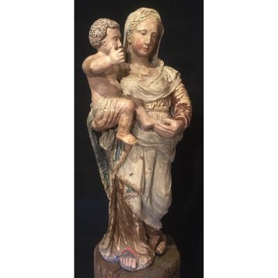 Vierge à l'Enfant, Terre Cuite Polychrome. Atelier Du Sud De La France. Début XVIIIe Siècle. 